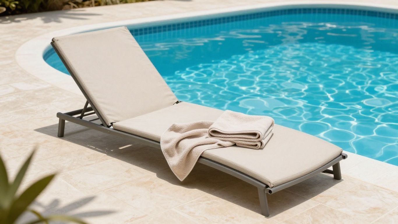 Fabric lounger resting at the edge of a swimming pool