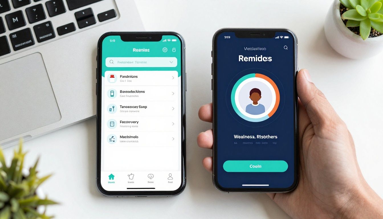 Bright modern health-tech scene with a diverse American adult reviewing medication reminders, supplement organization, lab results, fitness recovery notes, and a wellness tracking app on a smartphone beside an organized desk
