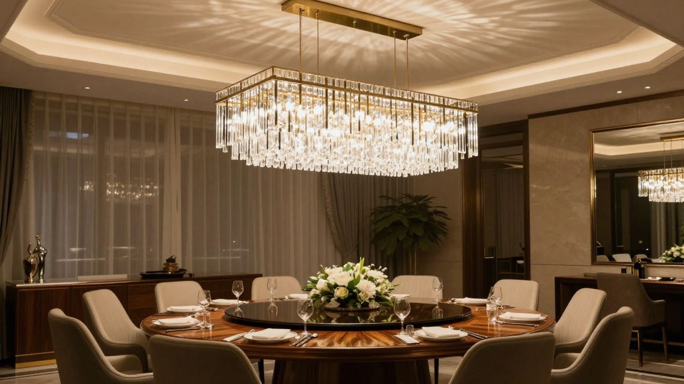Modern rectangular chandelier illuminating a luxurious dining room.