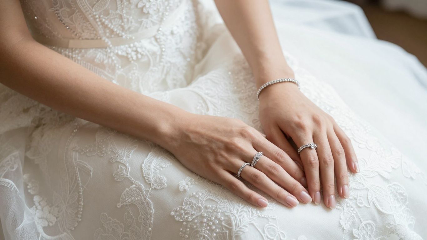 Bride's hands with wedding rings and bracelet on dress.