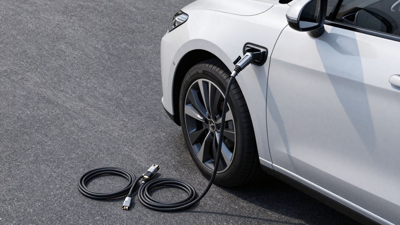 Zwei Ladekabel neben einem modernen Hybrid Fahrzeug