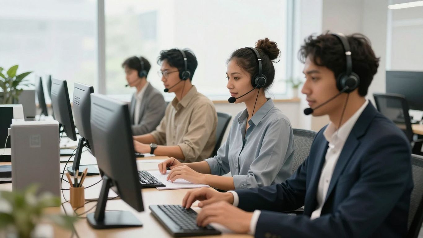 Call center agents working together in a modern office.