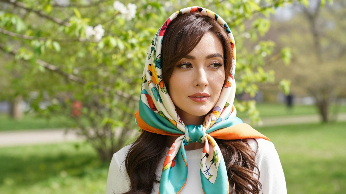 Woman with wig and silk scarf in spring garden