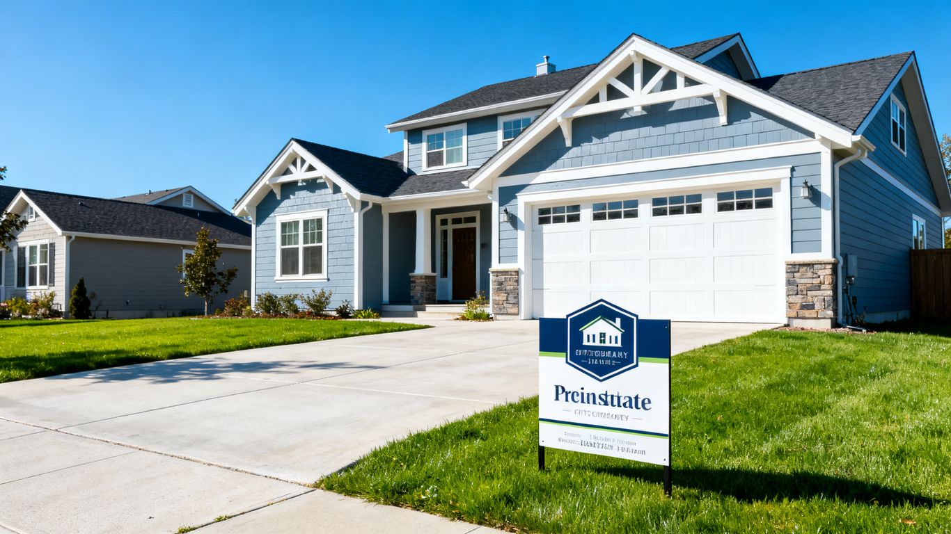 A neatly painted house with a branded yard sign