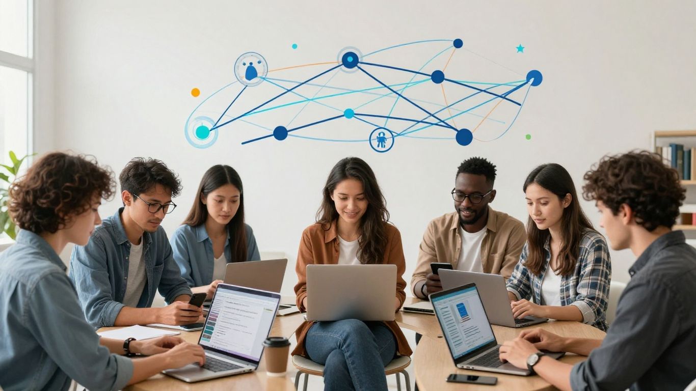 People using devices, connected by network lines.