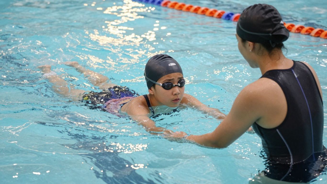 Beginner swimmer overcoming fear in Australian swimming lesson.
