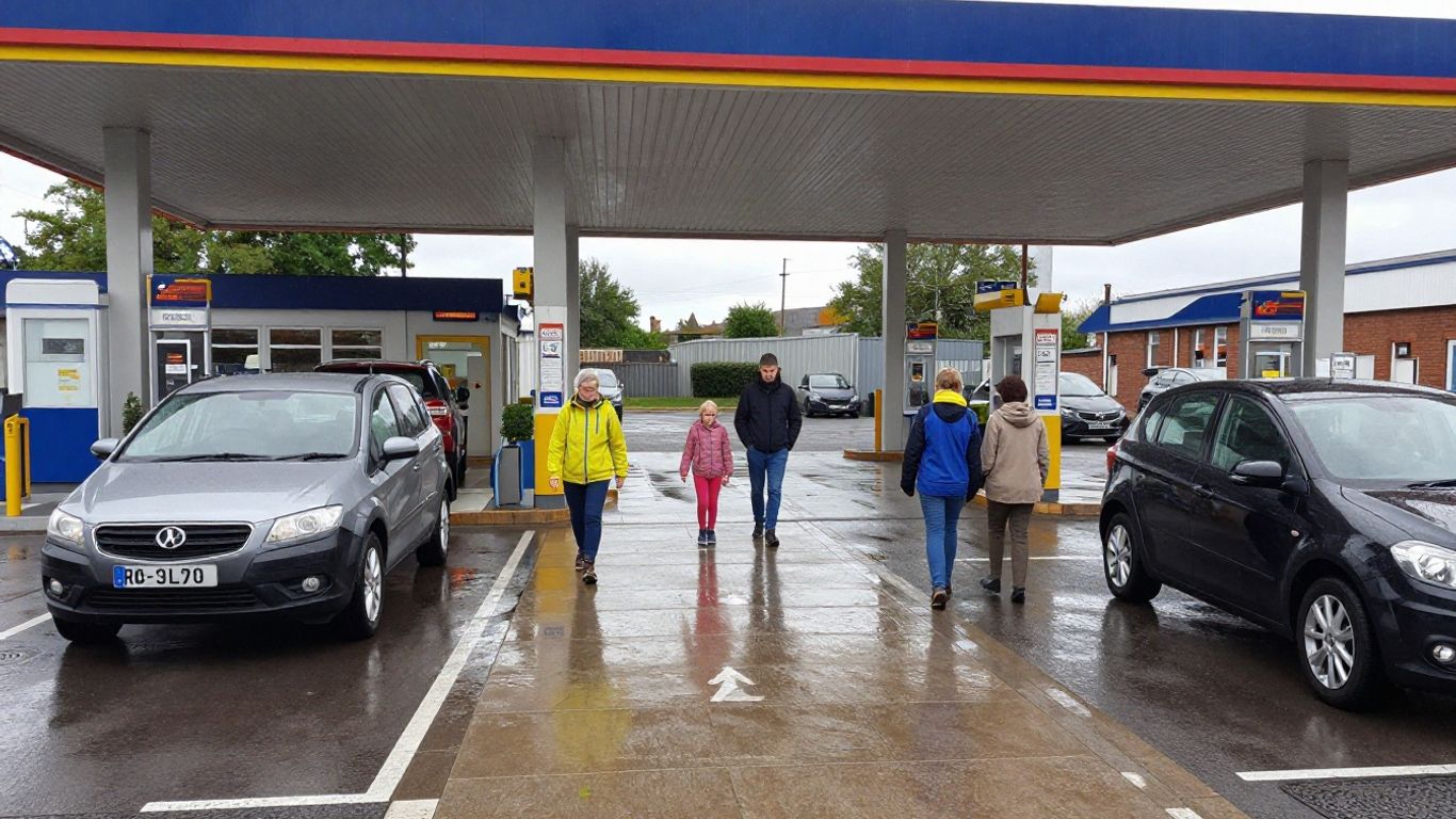 Pedestrians and vehicles sharing a clean forecourt