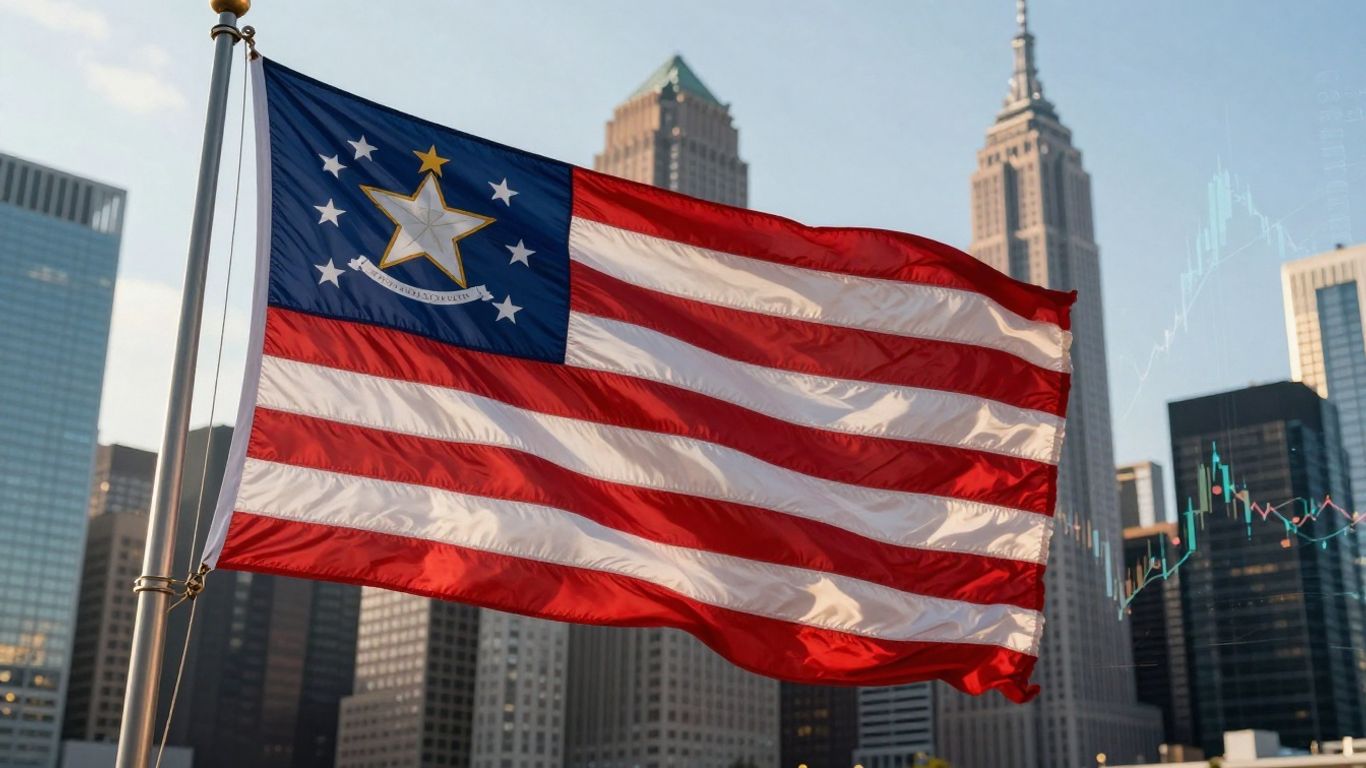 New York State flag and skyline with financial charts.