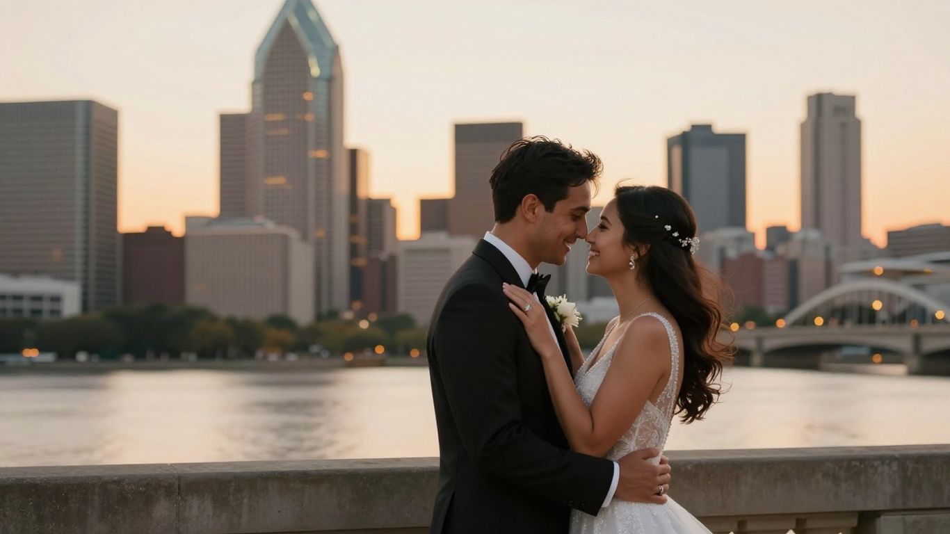 Couple eloping in Dallas with skyline view.