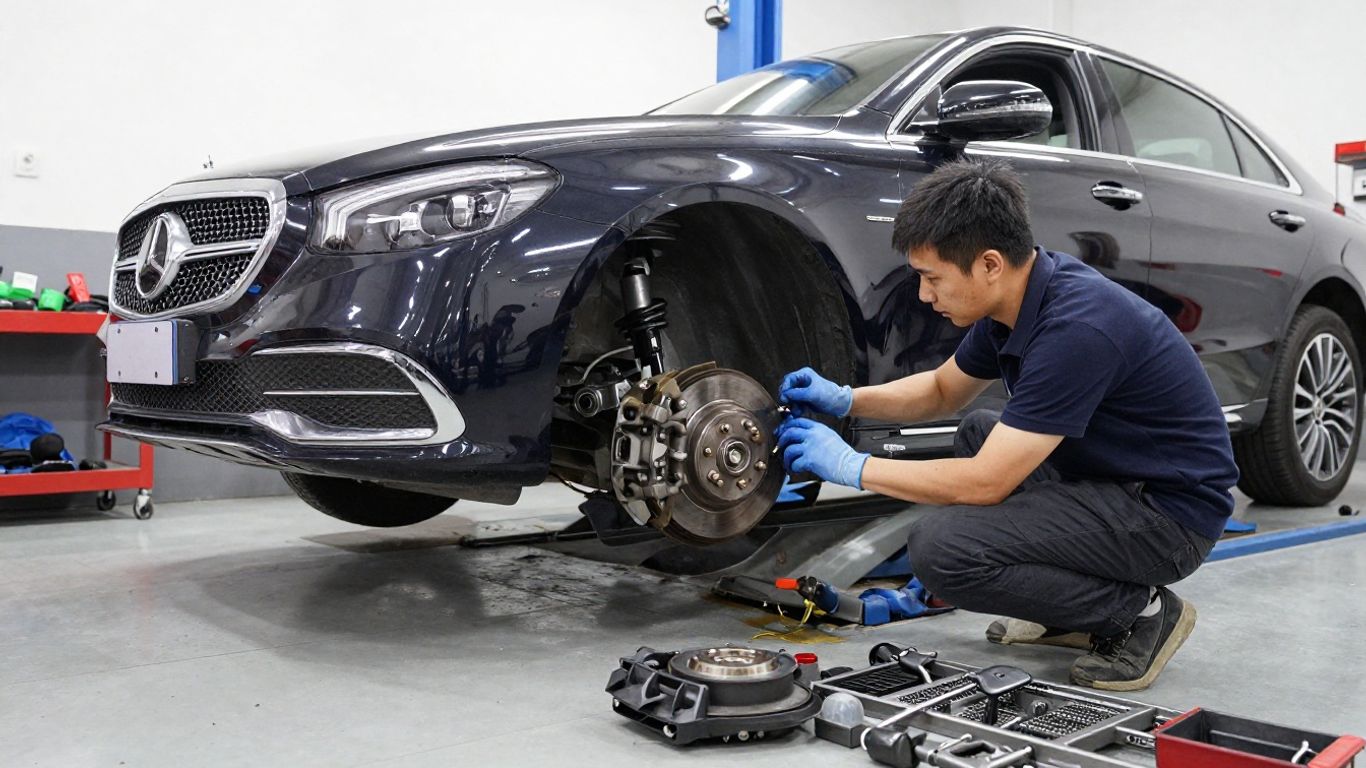 Technician inspecting Mercedes front suspension