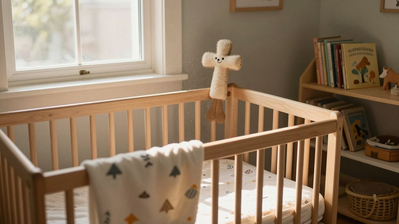 Nursery with crib, cross, and books.