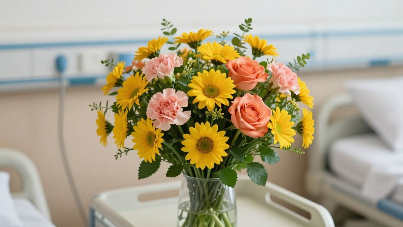 Colorful low-fragrance bouquet beside hospital bed