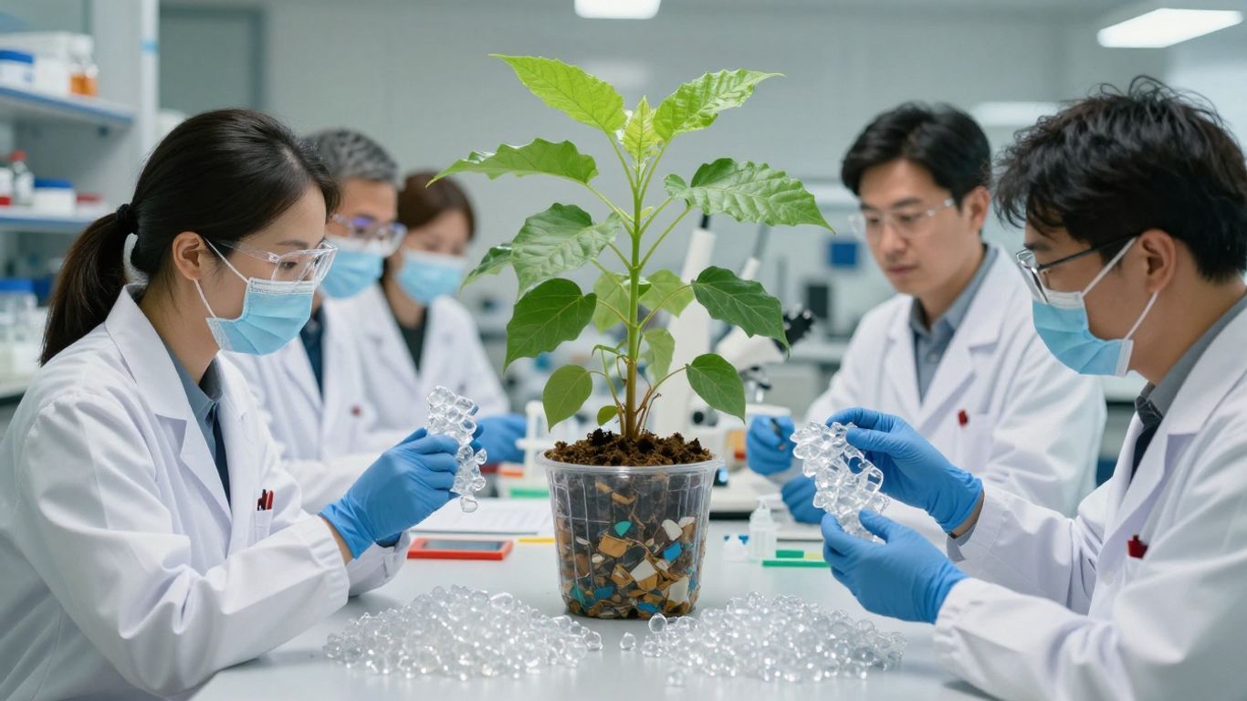 Scientists with eco-friendly plastic materials and plants.