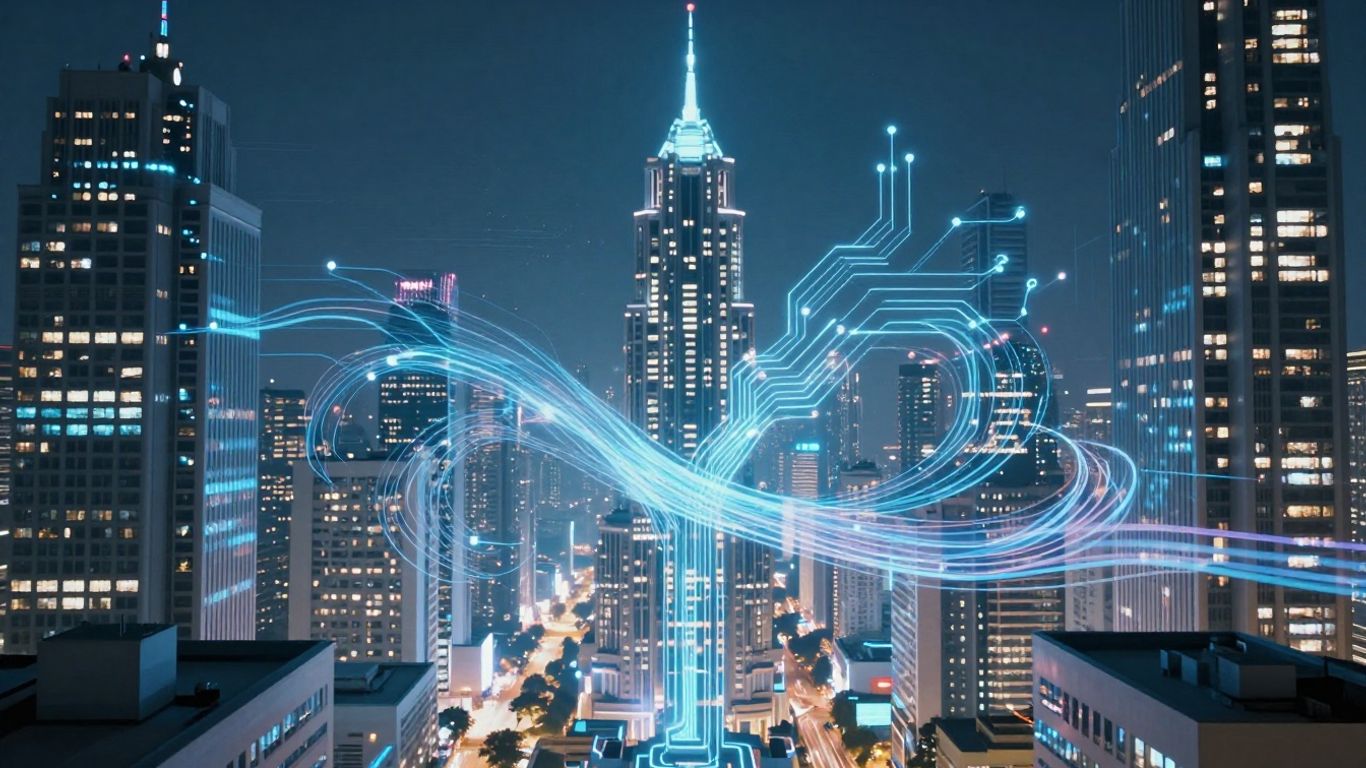 Futuristic cityscape with glowing digital circuits and light trails.