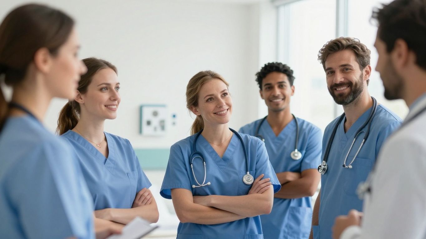Pflegekräfte integrieren neue Kollegin in ein Team.