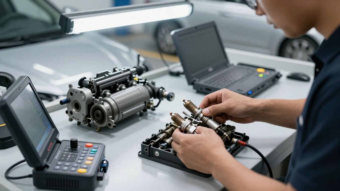 Mechanic inspecting fuel and ignition components