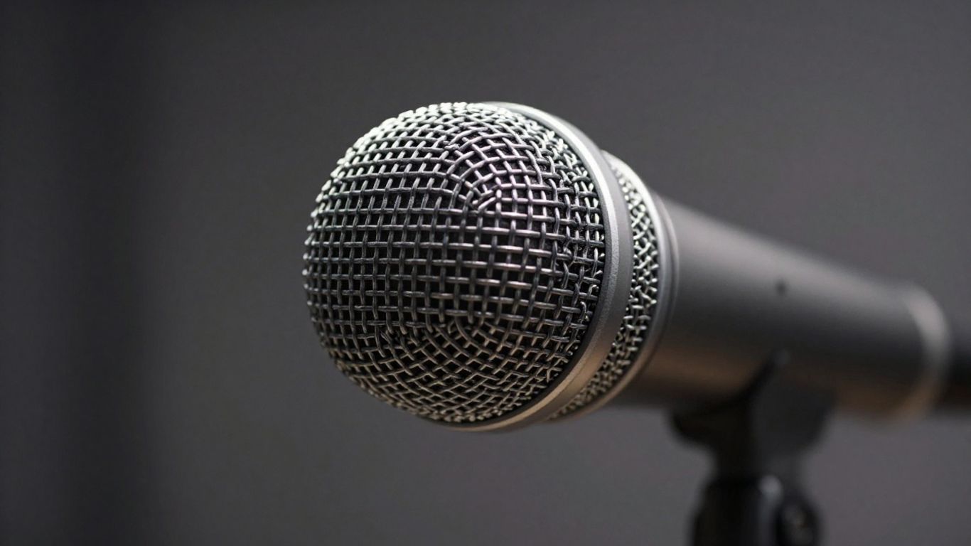 Professional vocal microphone in a dimly lit studio.