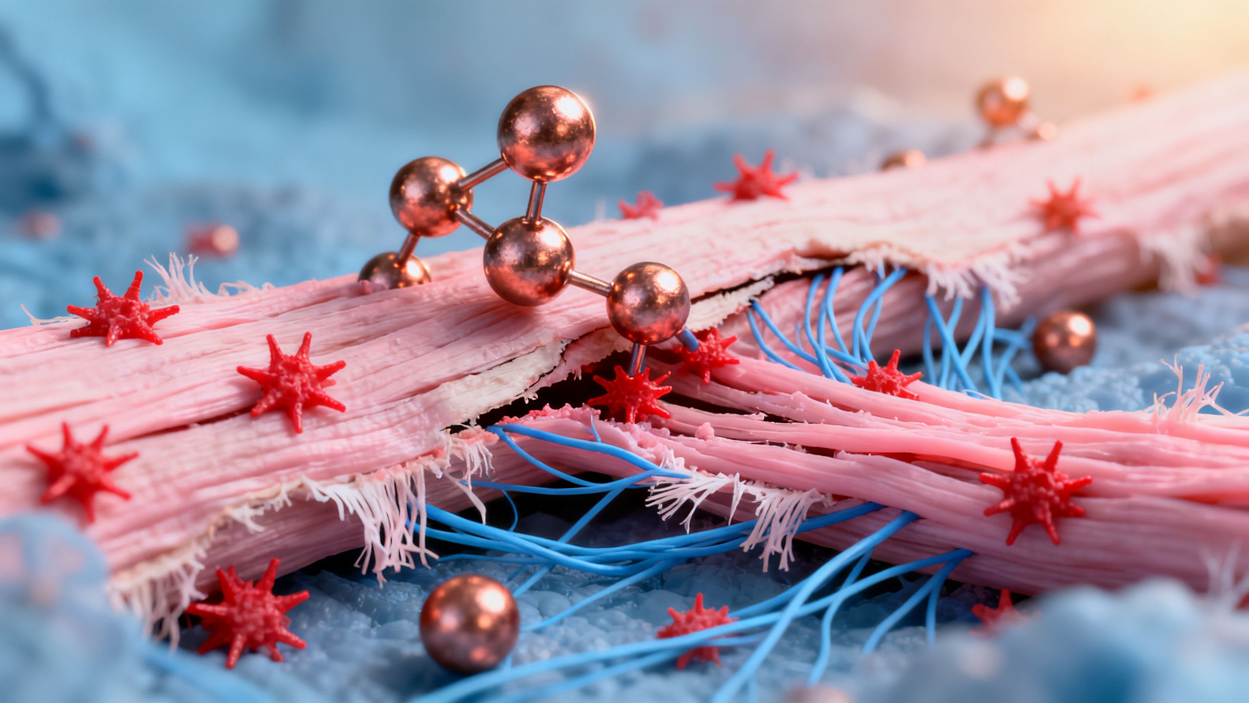 A microscopic view of copper peptides working to repair muscle tissue and reduce inflammation.