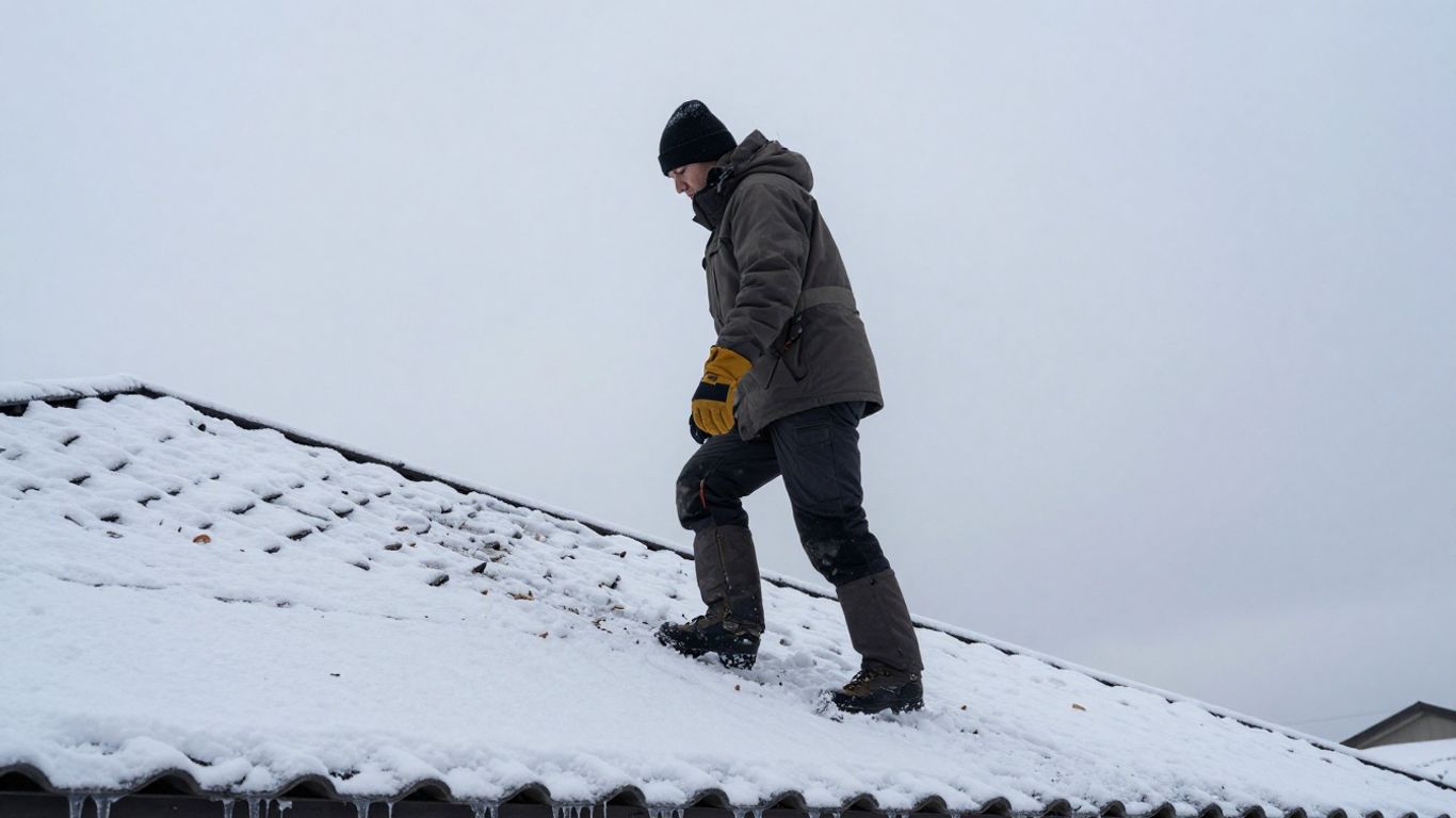 Roofer working on a cold, snowy roof.