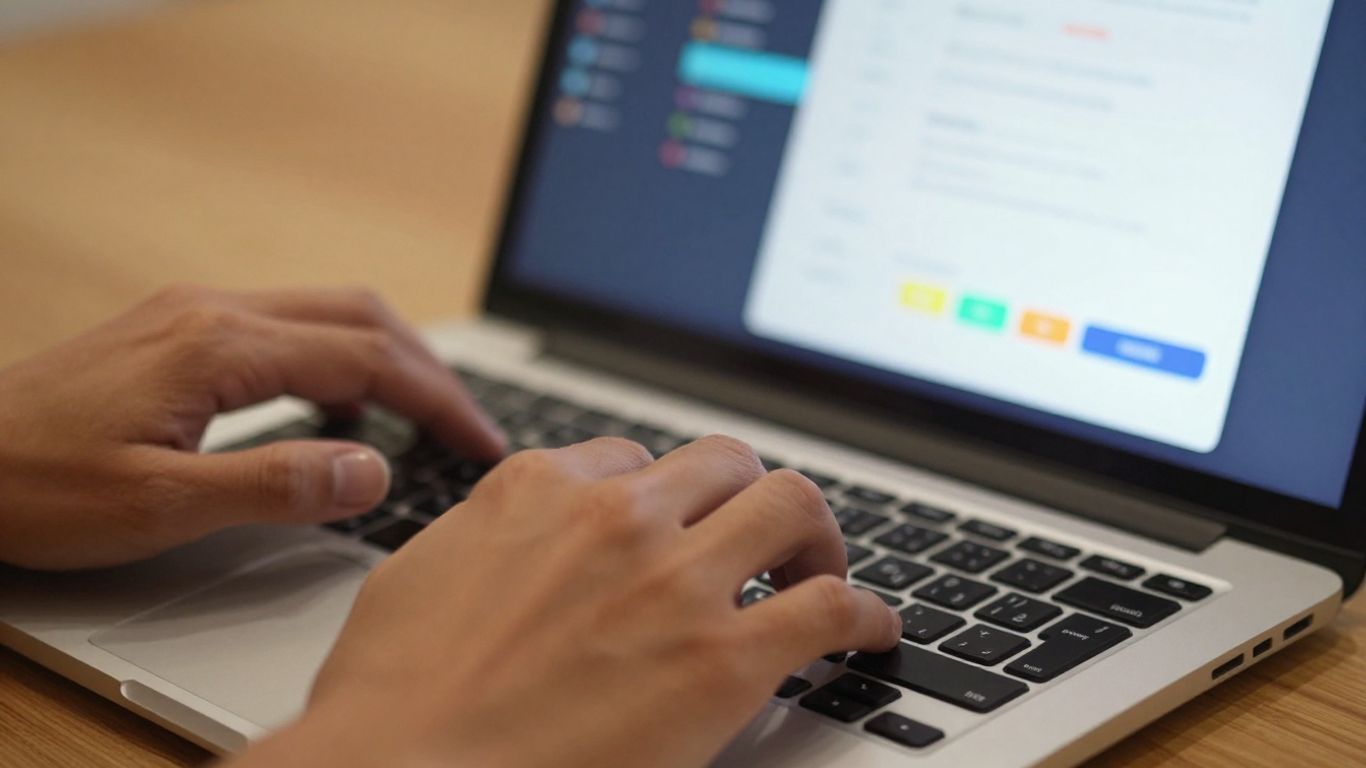 Hands typing on a laptop with affiliate marketing software.