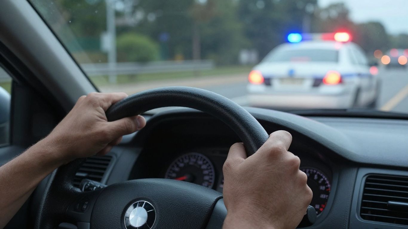 Driver stressed after stop sign ticket, police car lights flashing.