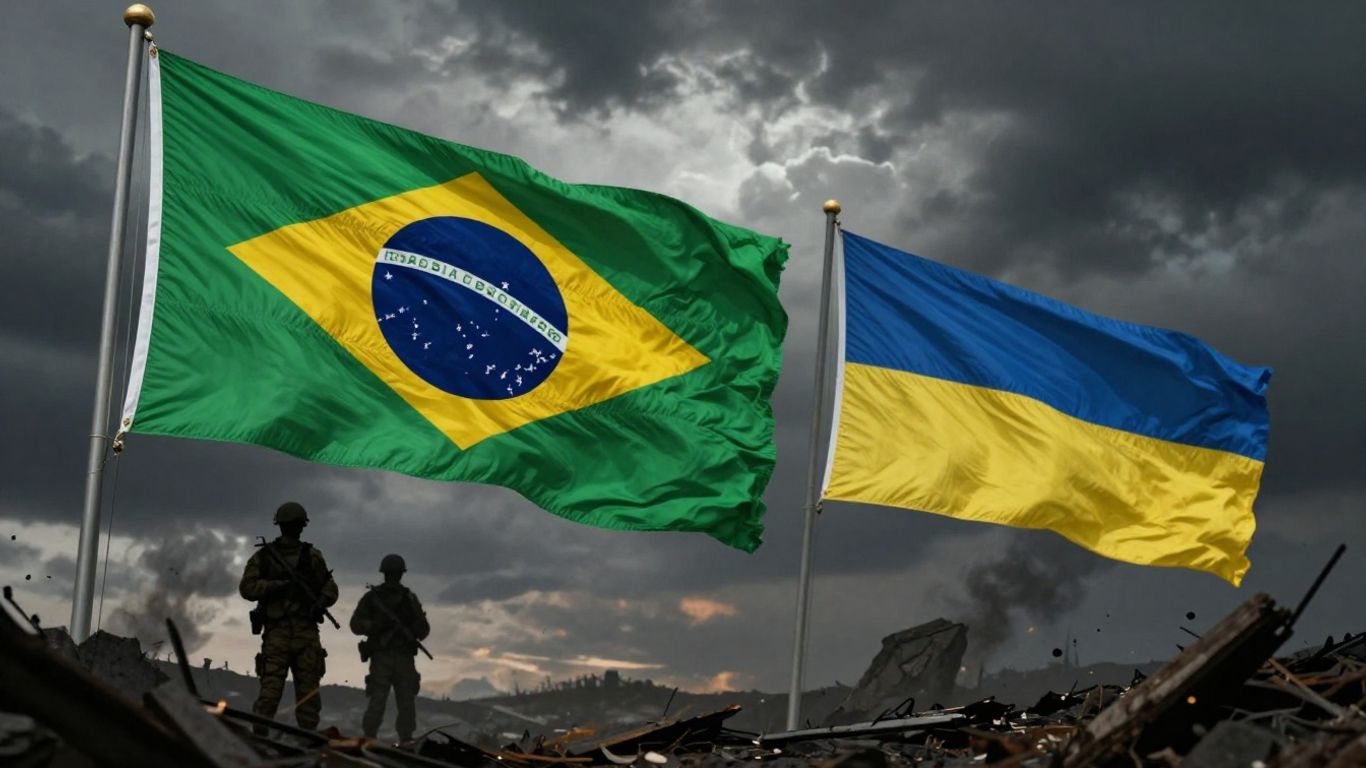 Bandeira do Brasil e Ucrânia, soldado em campo de guerra.