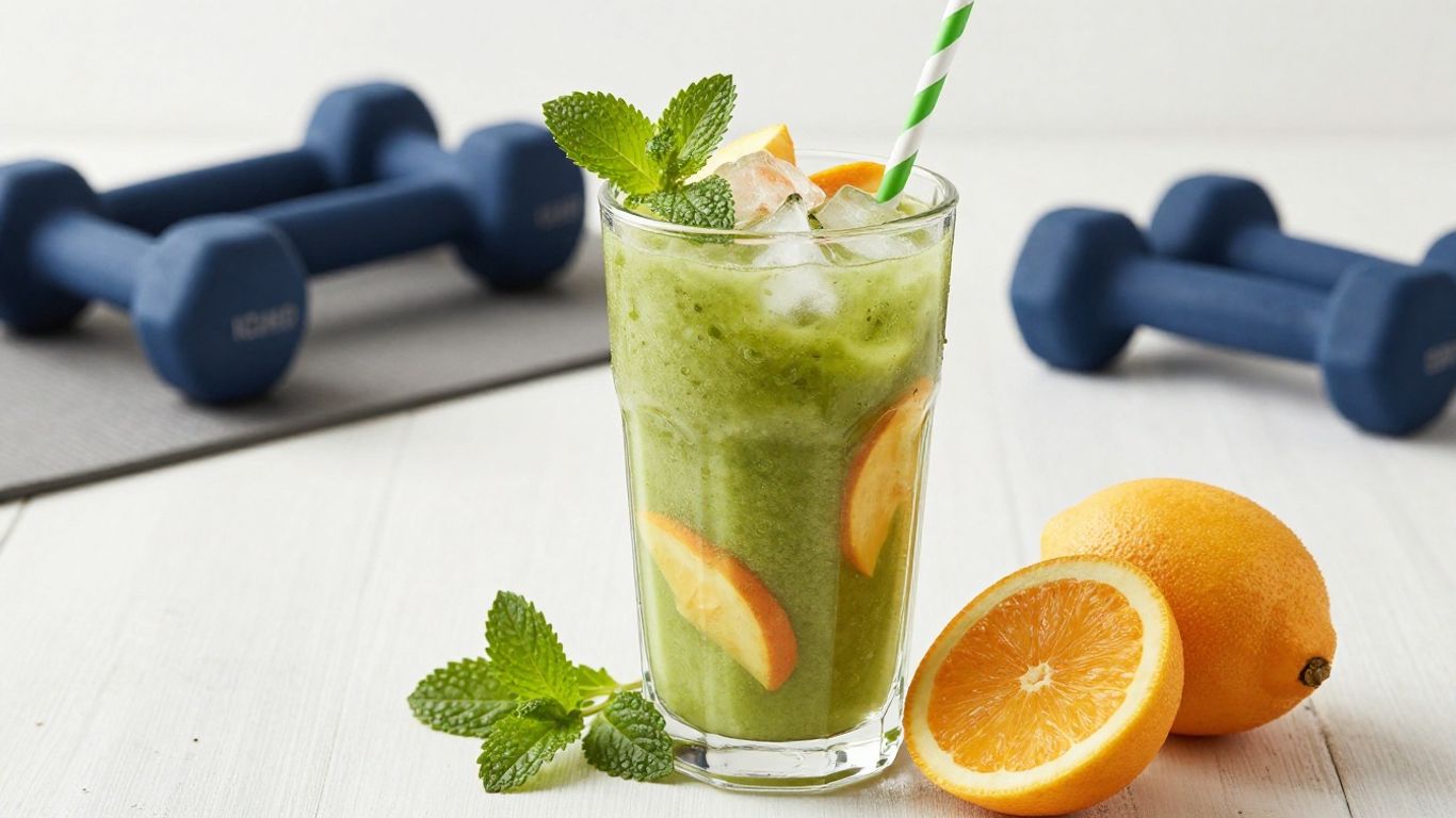 Herbalife shake with fruits and fitness equipment.