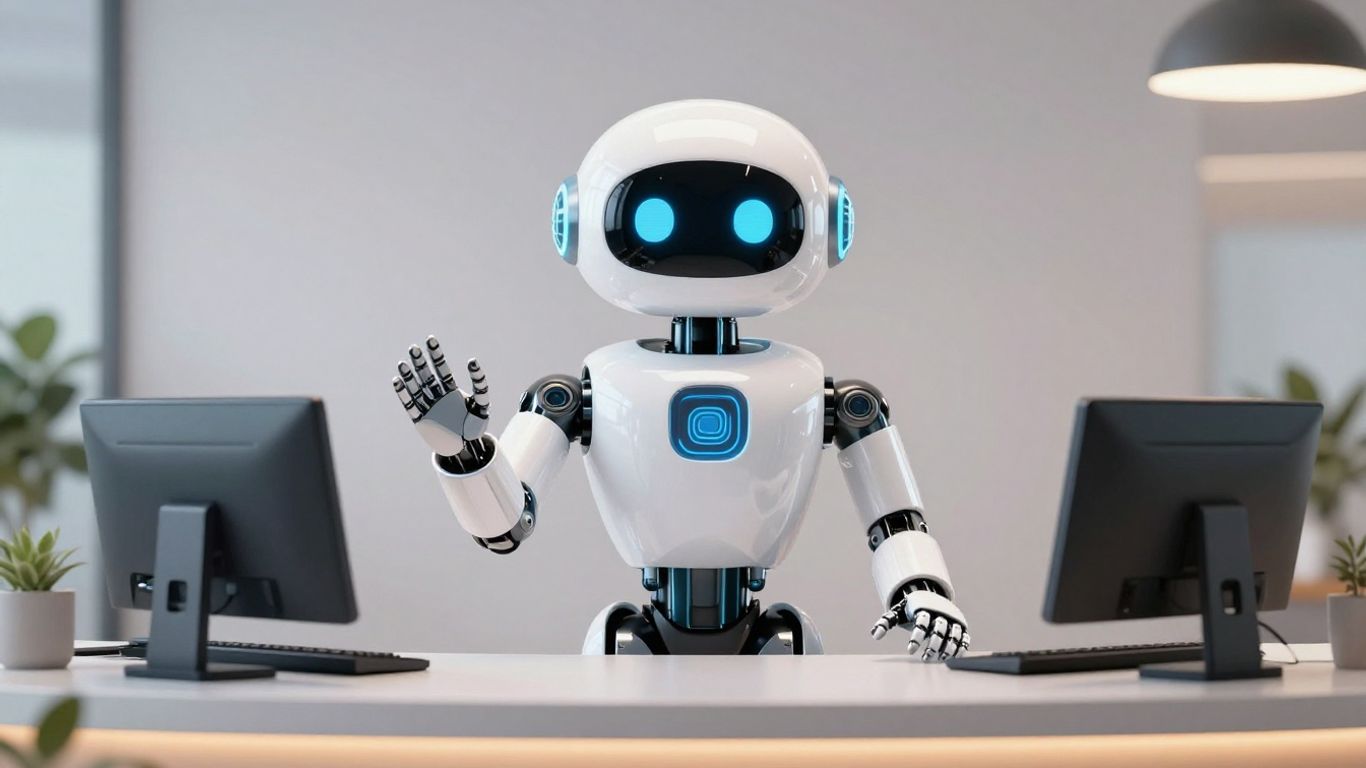 AI receptionist robot at a modern office desk.