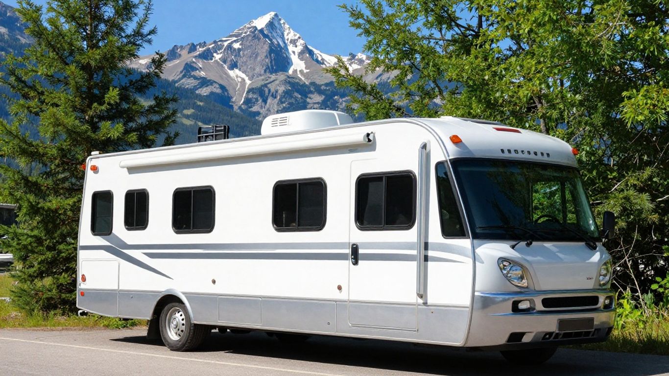 Motorhome parked with Rocky Mountains in background.