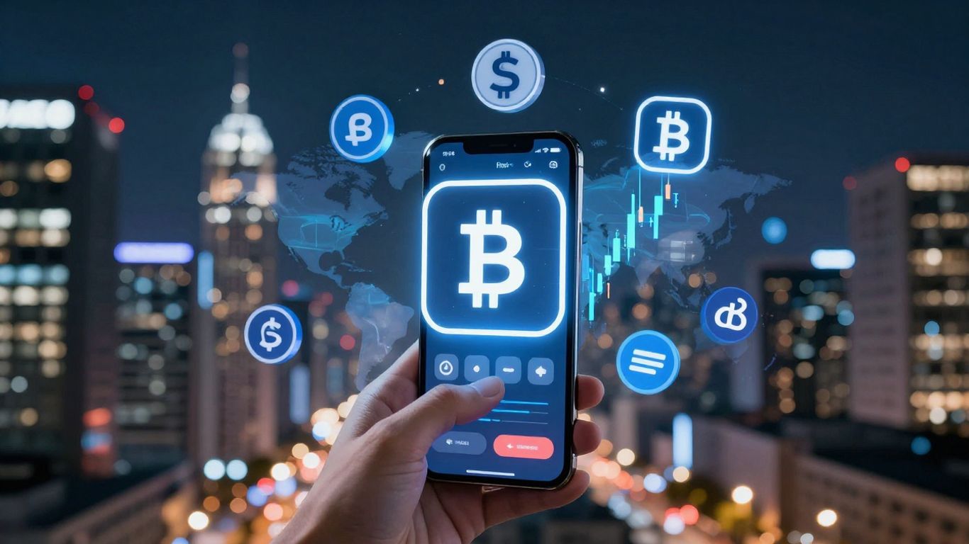 Crypto trading platform interface with digital currency symbols.