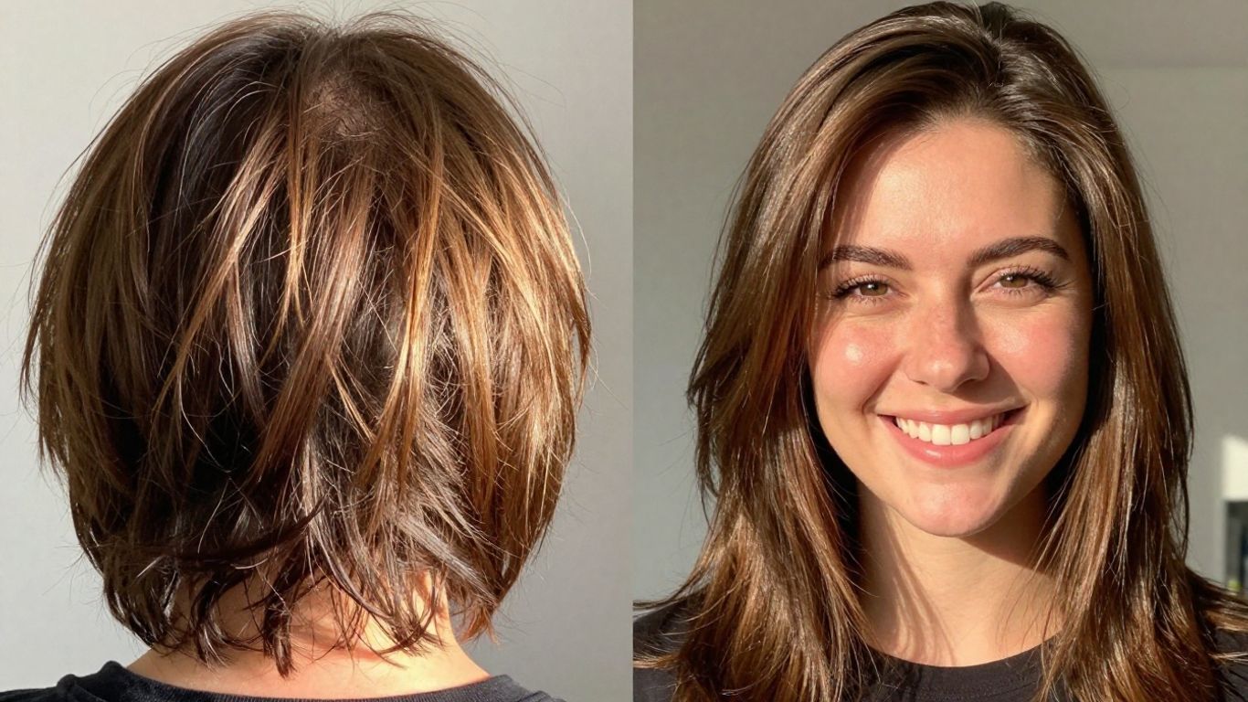 Person's hair transformation from thinning to fuller.