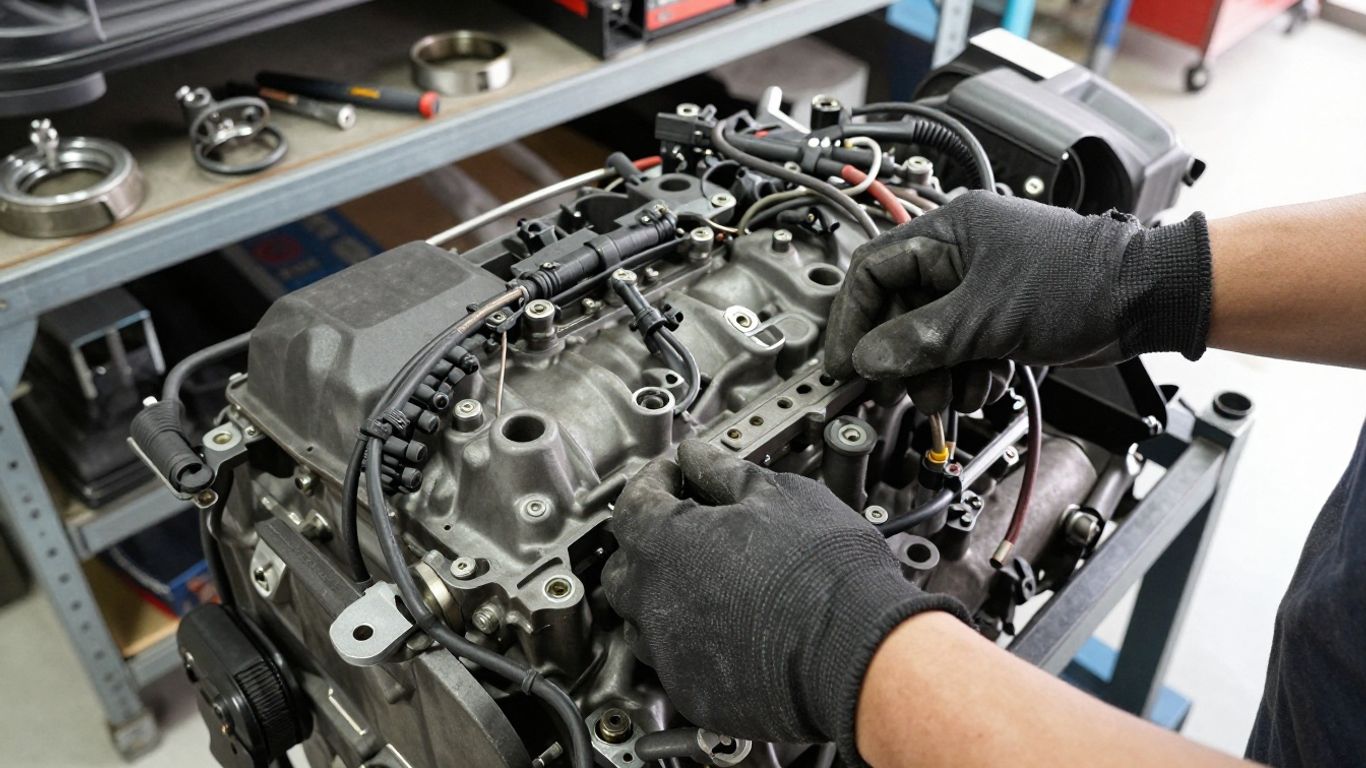 Used Volkswagen engine in workshop setting