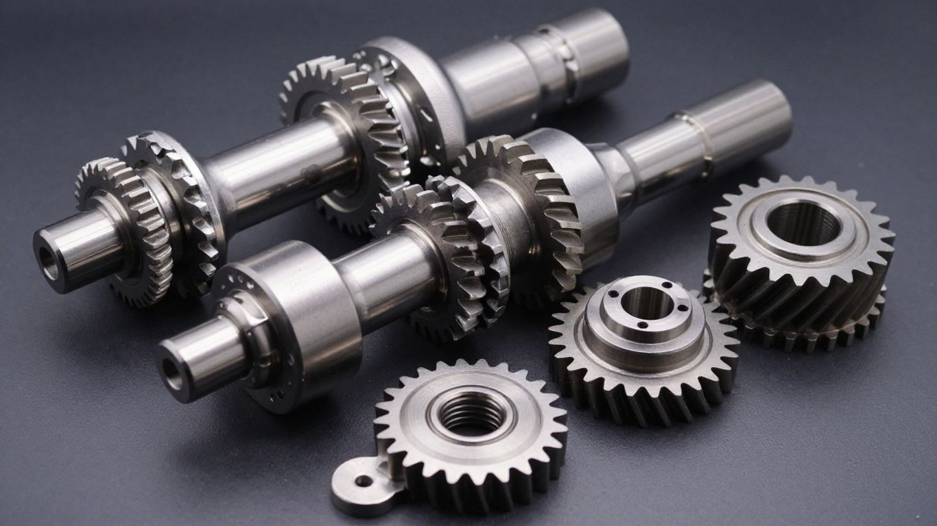 Close-up of shiny metallic gearbox parts.