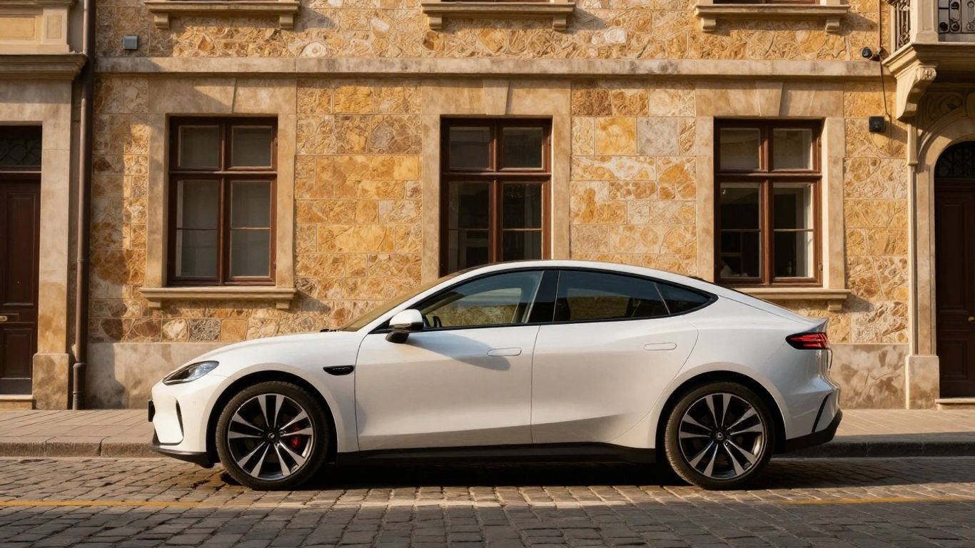 Ein kompaktes Elektroauto steht vor einer historischen Fassade