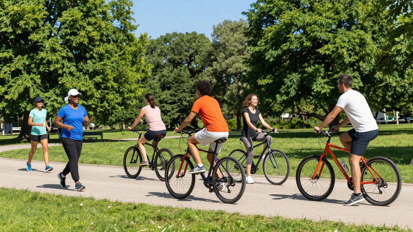 People exercising outdoors in a sunny park.