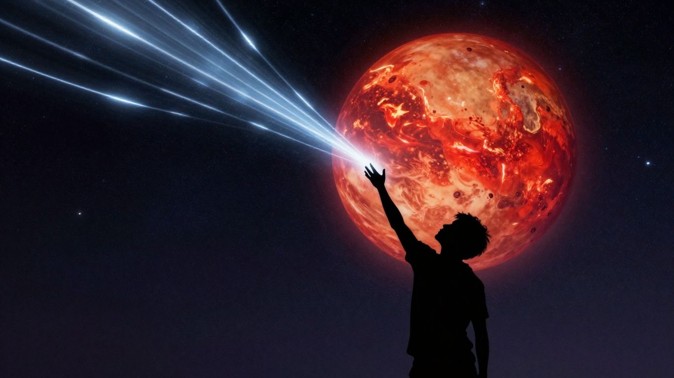 Mars planet above a person reaching for the stars.