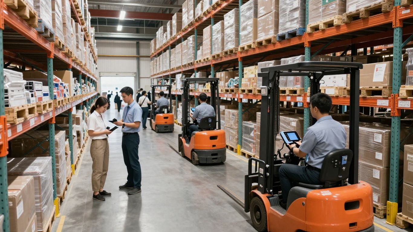 Warehouse team managing inventory with automated systems