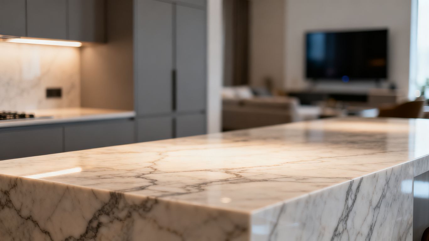 A modern kitchen with bright stone countertops