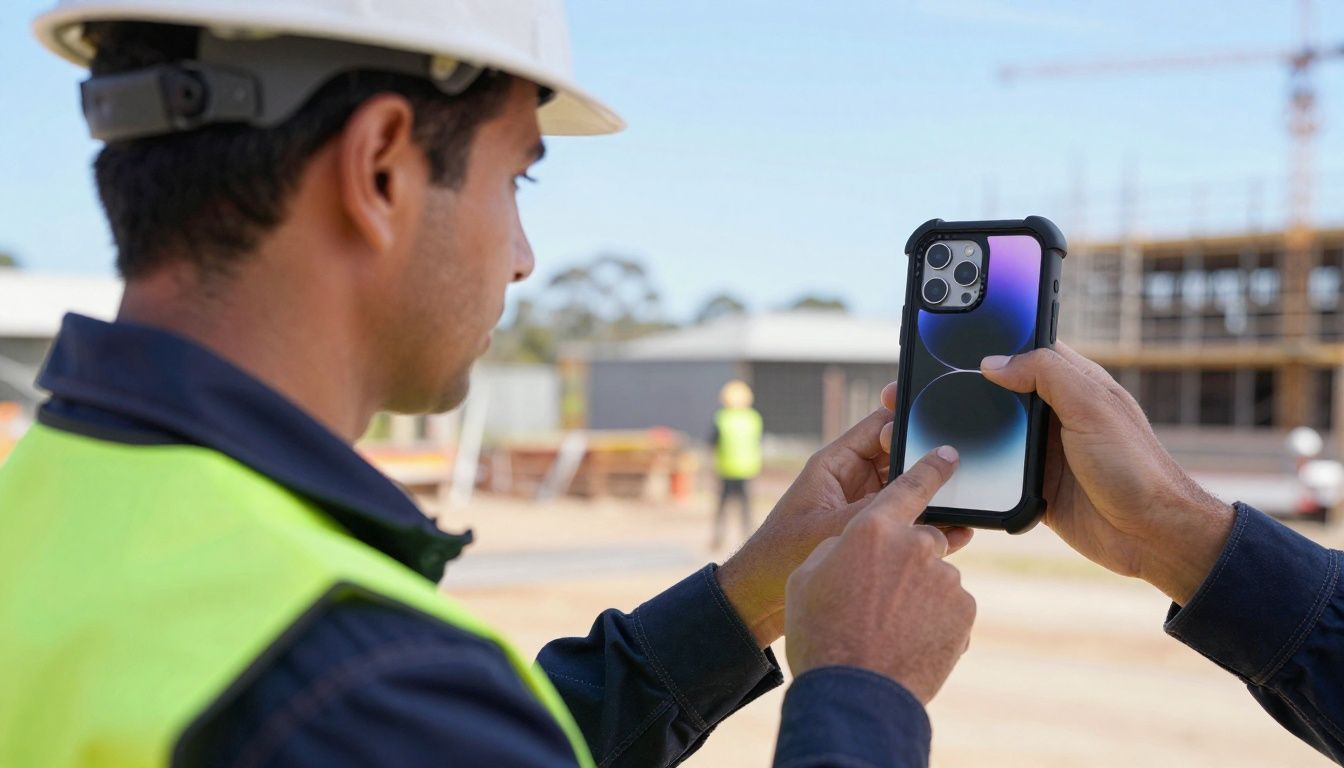 A tradie in high-vis workwear checking their iPhone 15, which is protected by a rugged case, on a construction site in Australia.