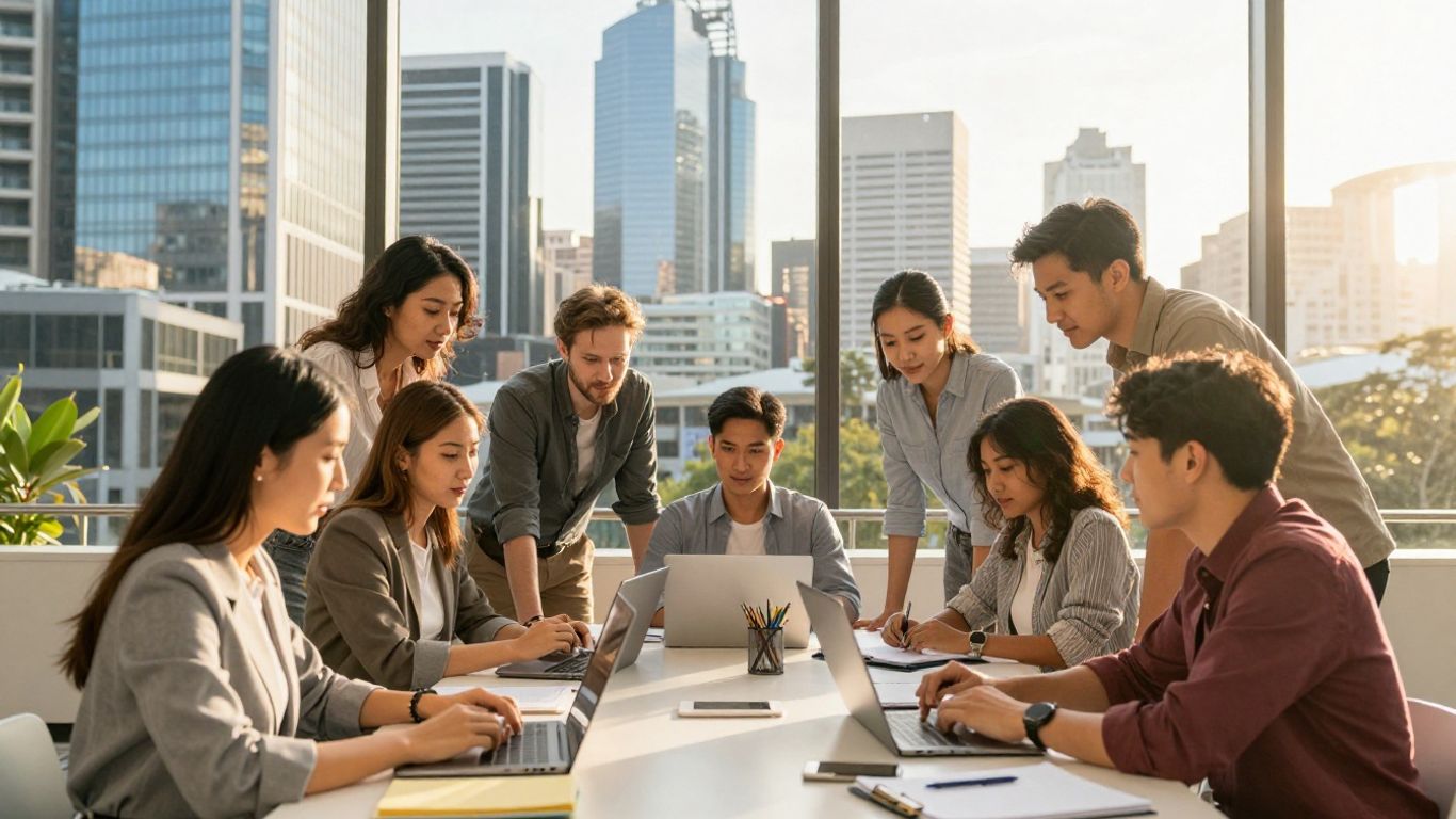 Aussies collaborating in a modern city, discussing startup ideas.