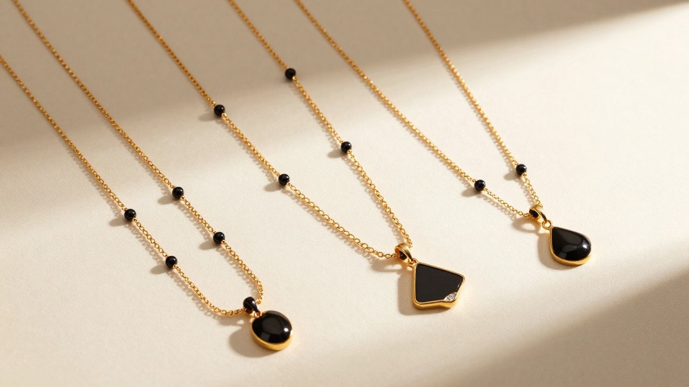 Elegant mangalsutra pendants arranged on silk