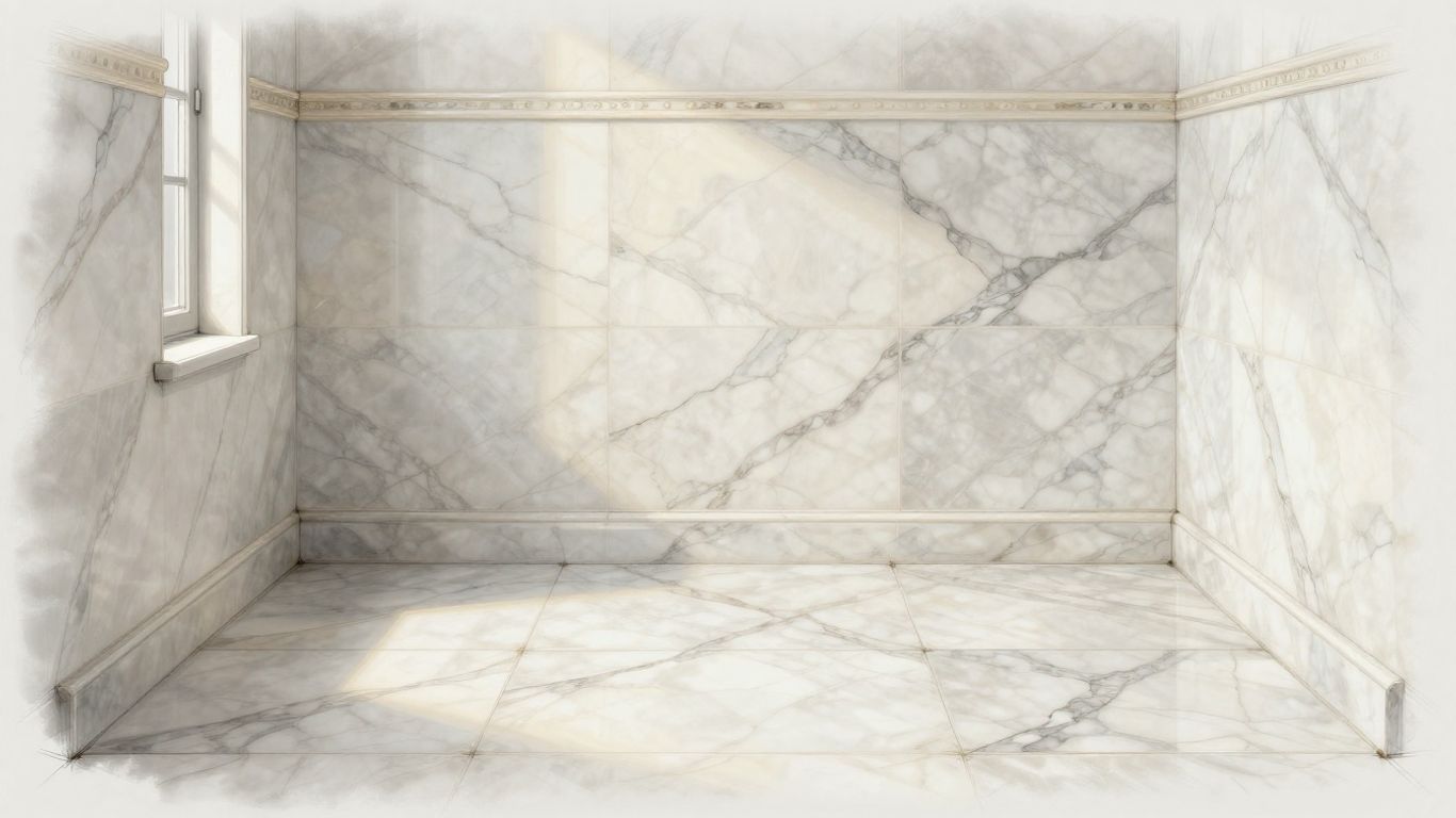 Bathroom with marble tiles, sketch style.