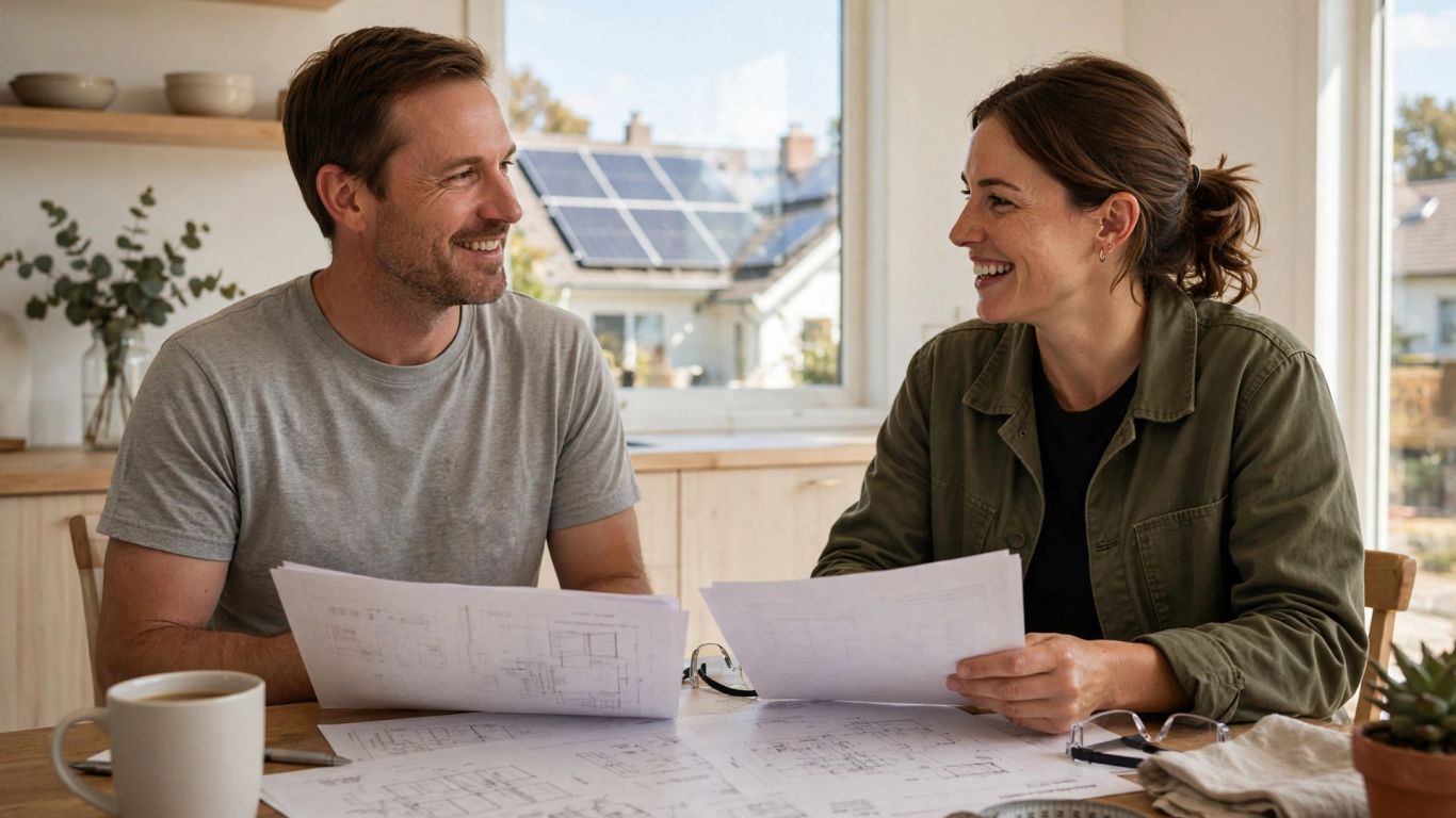 Homeowner reviewing solar plans with an installer
