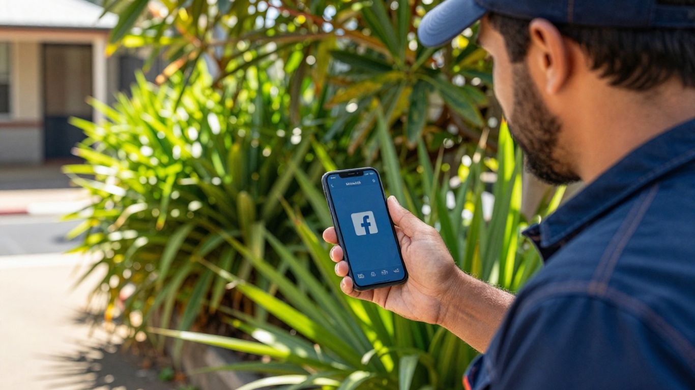 Tradie using Facebook ads on a smartphone in Australia.