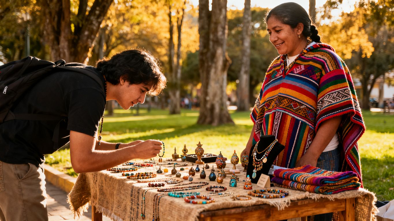 Visitor comparing handmade goods at an outdoor craft stall