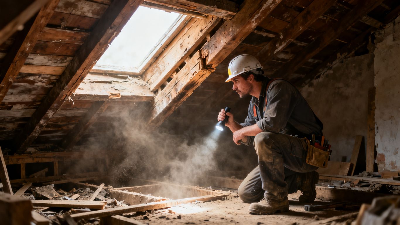 Charpentier inspectant une toiture en rénovation