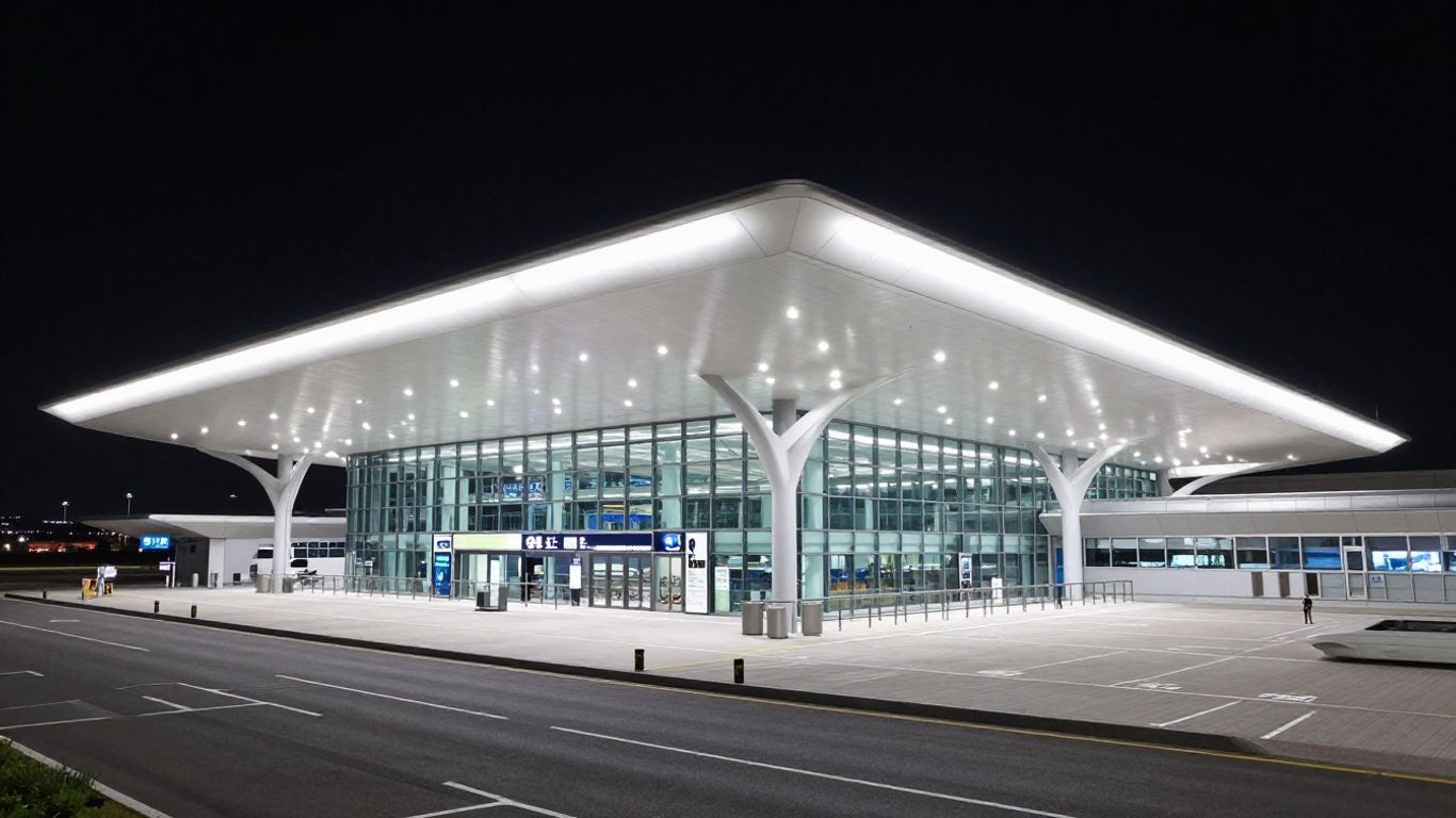 Memphis Airport terminal lit by new LED lights at night.