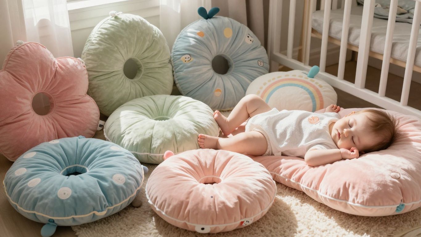 Cojines para bebés de diferentes formas y colores.