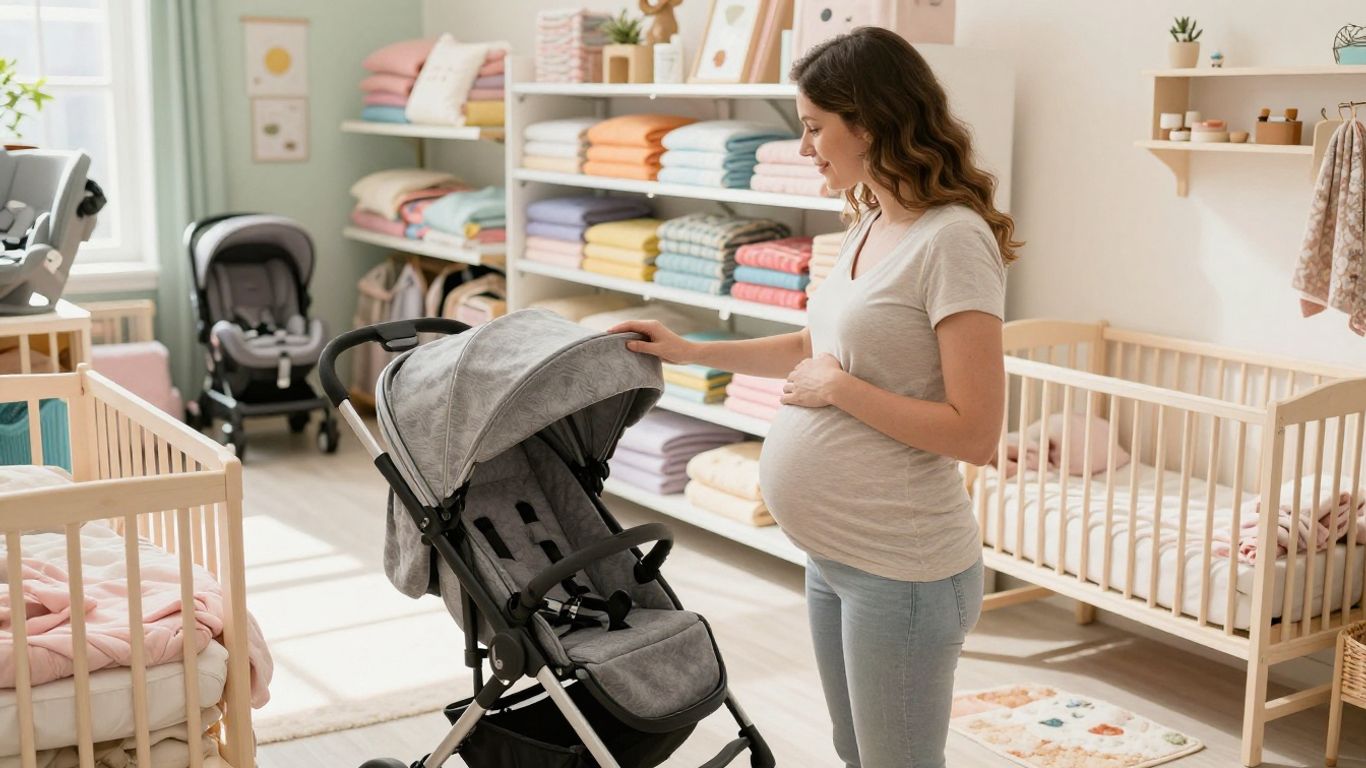Pregnant woman shopping for baby gear in a store.