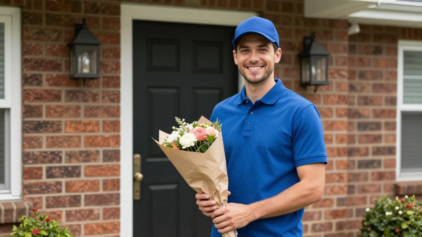 Courier delivering fresh flowers to a residence